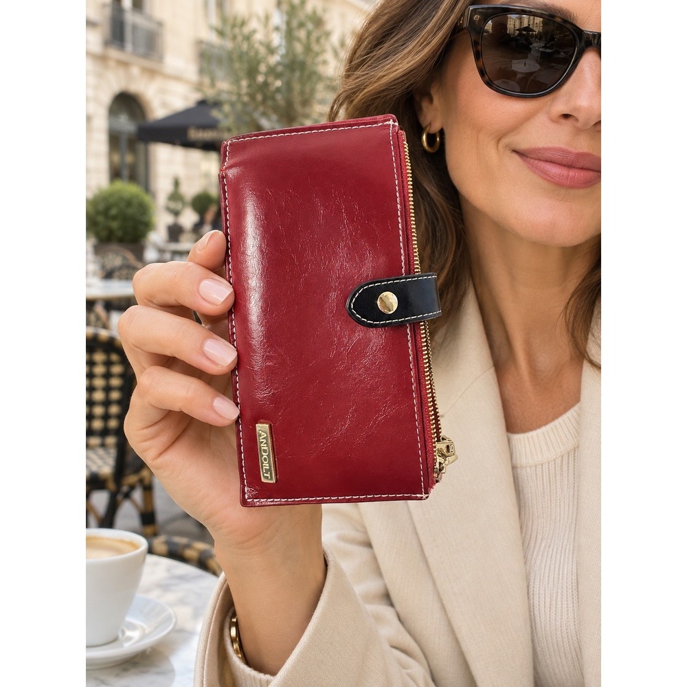 Andoilt Red Leather Double Zip Wallet with front snap